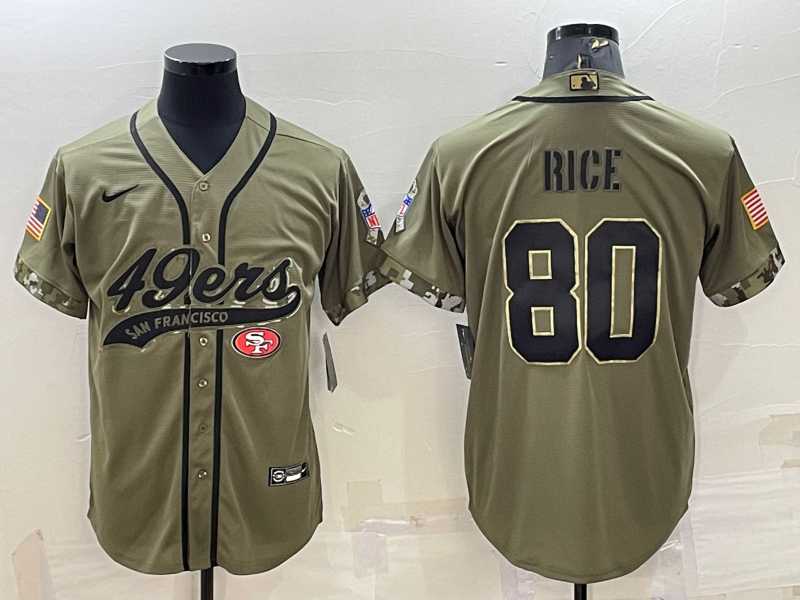 Mens San Francisco 49ers #80 Jerry Rice 2022 Olive Salute to Service Cool Base Stitched Baseball Jersey